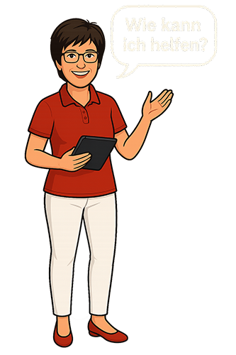 Elke Avatar Wie kann ich helfen Frau in rotem Oberteil hält ein Tablet und spricht, mit fragendem Ausdruck.